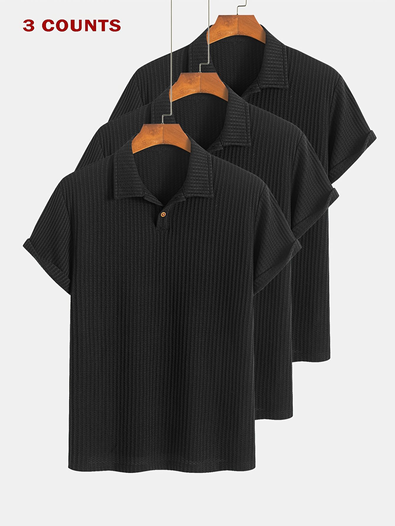 3pcs Set of Summer Casual Sporty Jacquard Knit Short-Sleeve Shirts, 3pcs Jacquard Texture Short-Sleeve Tops - Image 8