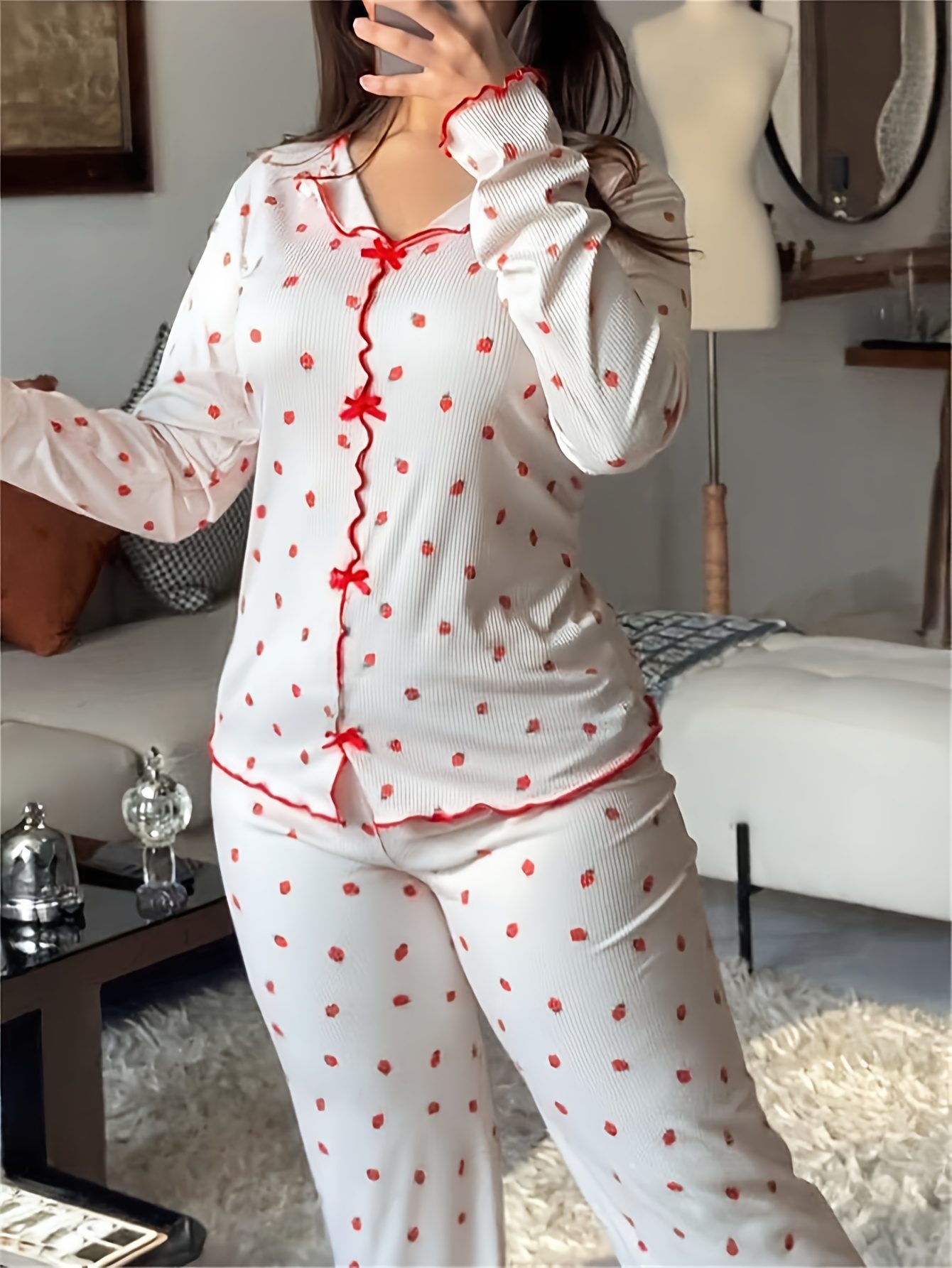 2pcs Strawberry Print Bow-Decorated Lapel V-Neck Ruffled Top and Elastic Waist Pants Casual Ribbed Pajama Set - Image 9