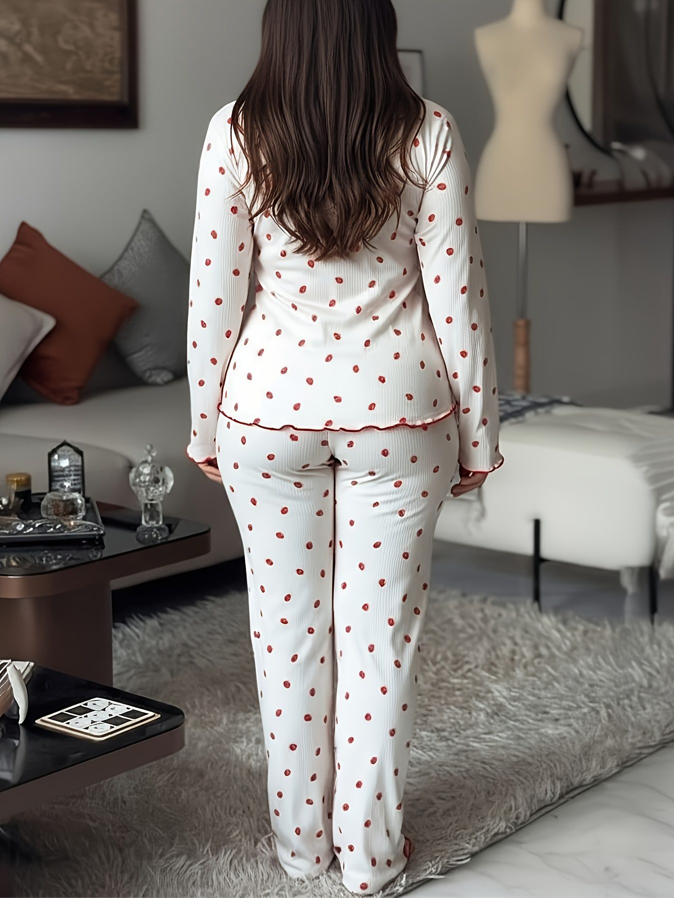 2pcs Strawberry Print Bow-Decorated Lapel V-Neck Ruffled Top and Elastic Waist Pants Casual Ribbed Pajama Set - Image 7