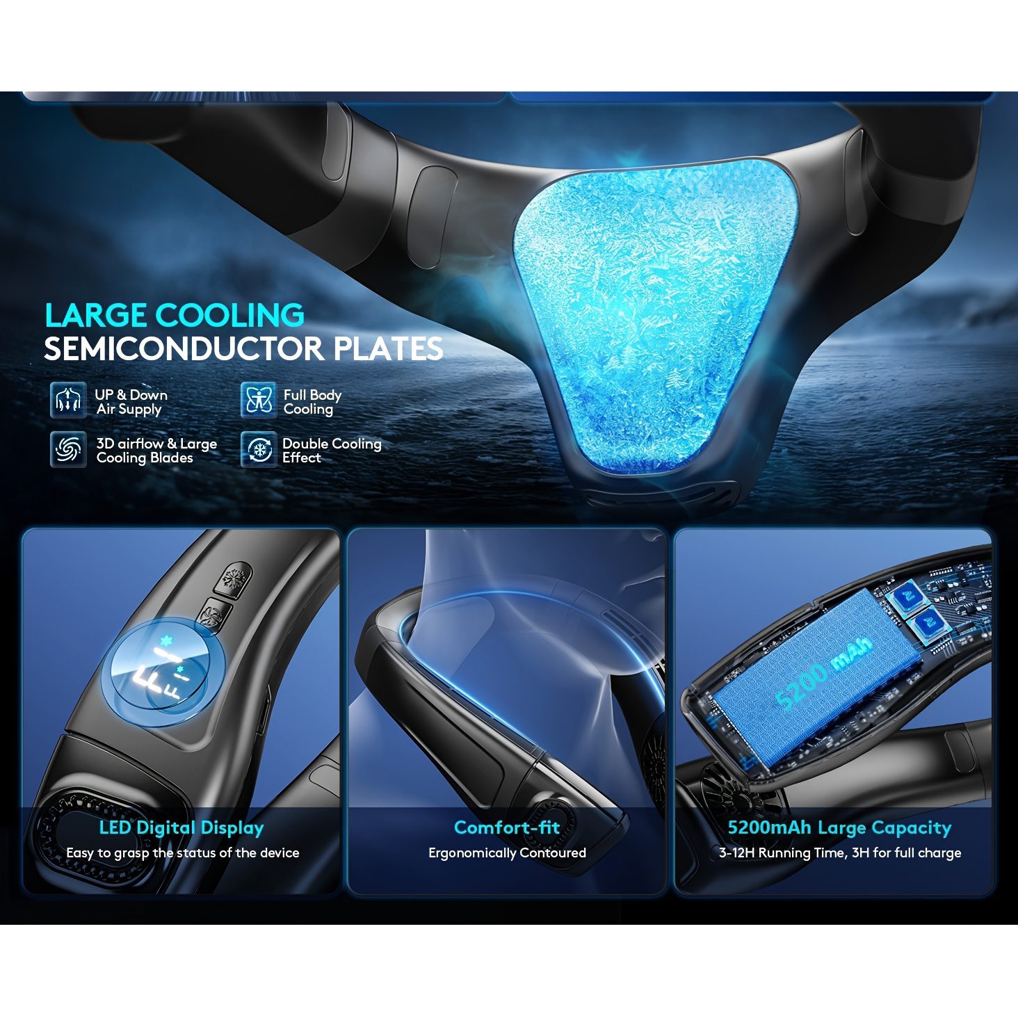 5200Mah Neck Fan, Portable Air Conditioning Fan, Ergonomic Personal Cooling Fan, Type-C Rechargeable, 3D Airflow Wearable, LED Screen, 3 Modes, a Gift for Men And Women, Suitable for Outdoor Travel And Indoor Use - Image 7