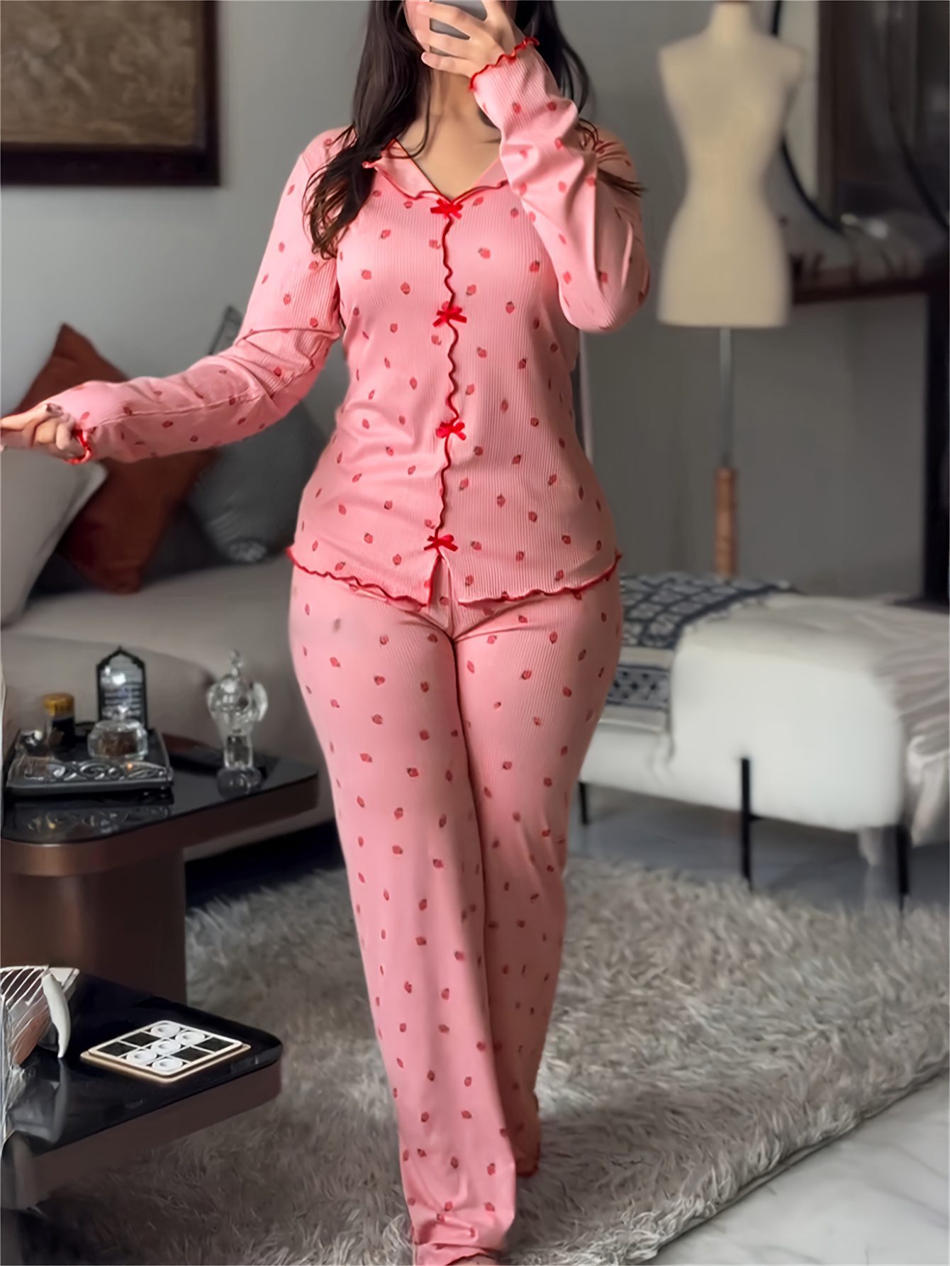 2pcs Strawberry Print Bow-Decorated Lapel V-Neck Ruffled Top and Elastic Waist Pants Casual Ribbed Pajama Set - Image 2