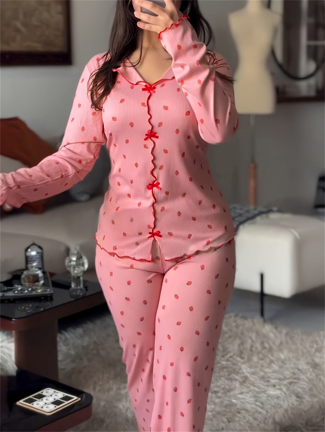 2pcs Strawberry Print Bow-Decorated Lapel V-Neck Ruffled Top and Elastic Waist Pants Casual Ribbed Pajama Set - Image 10