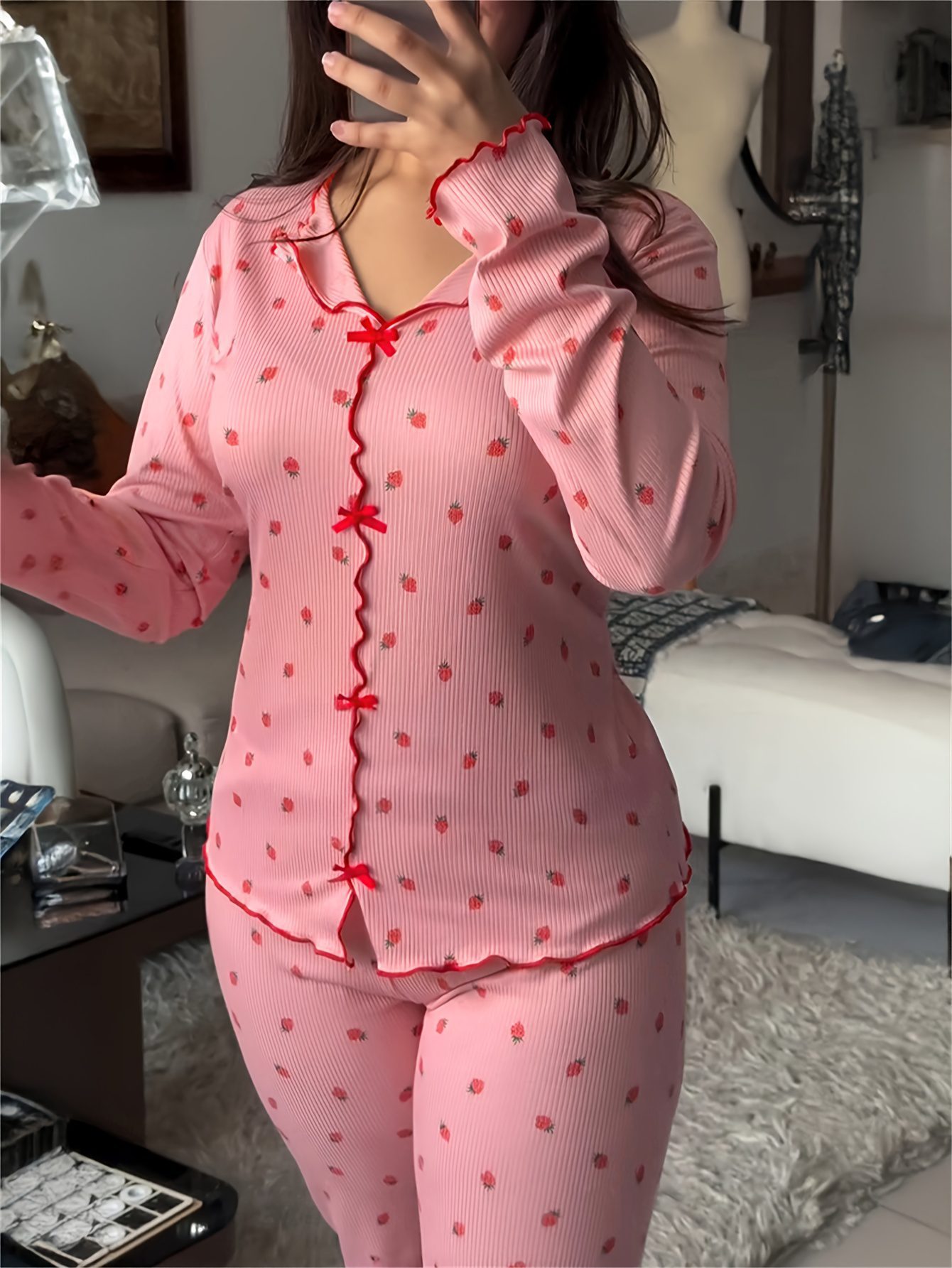 2pcs Strawberry Print Bow-Decorated Lapel V-Neck Ruffled Top and Elastic Waist Pants Casual Ribbed Pajama Set - Image 6