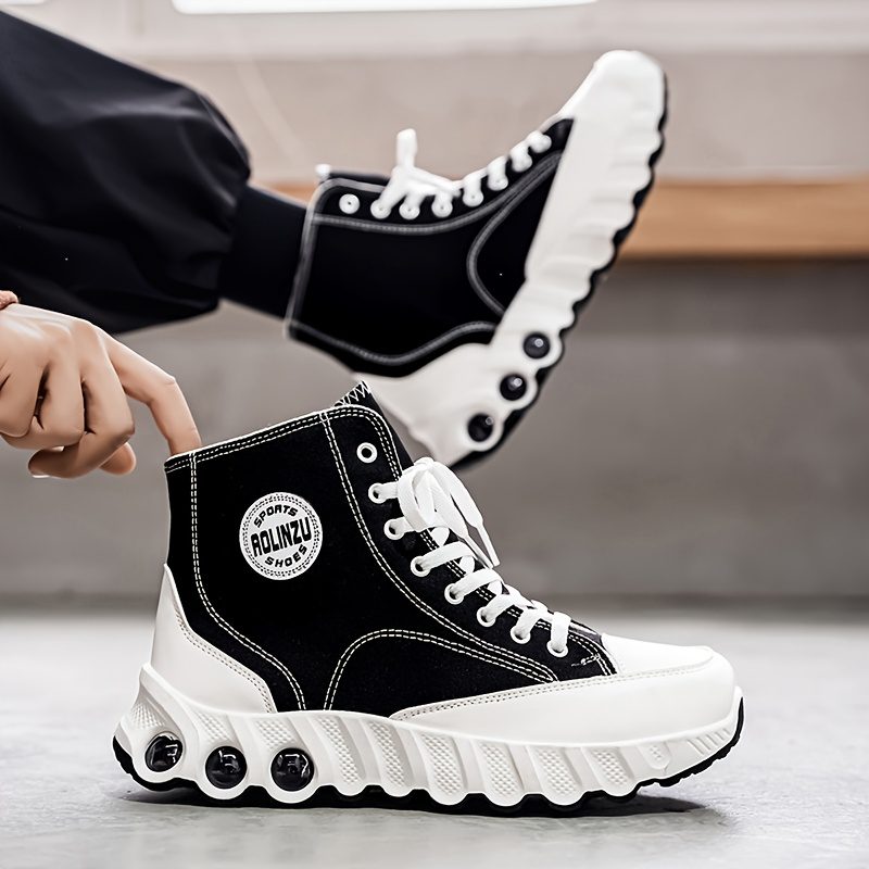 Explosive High Top Shoes for Spring and Summer 2025 | New Height Increasing Thick Soled with Wavy Sole, Classic Black sneakers for Men, Mid Top, Fabric Upper, PVC Sole - Image 8