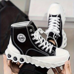 Explosive High Top Shoes for Spring and Summer 2025 | New Height Increasing Thick Soled with Wavy Sole, Classic Black Sports Canvas Shoes for Men | AOPLUS Brand, Mid Top, Fit