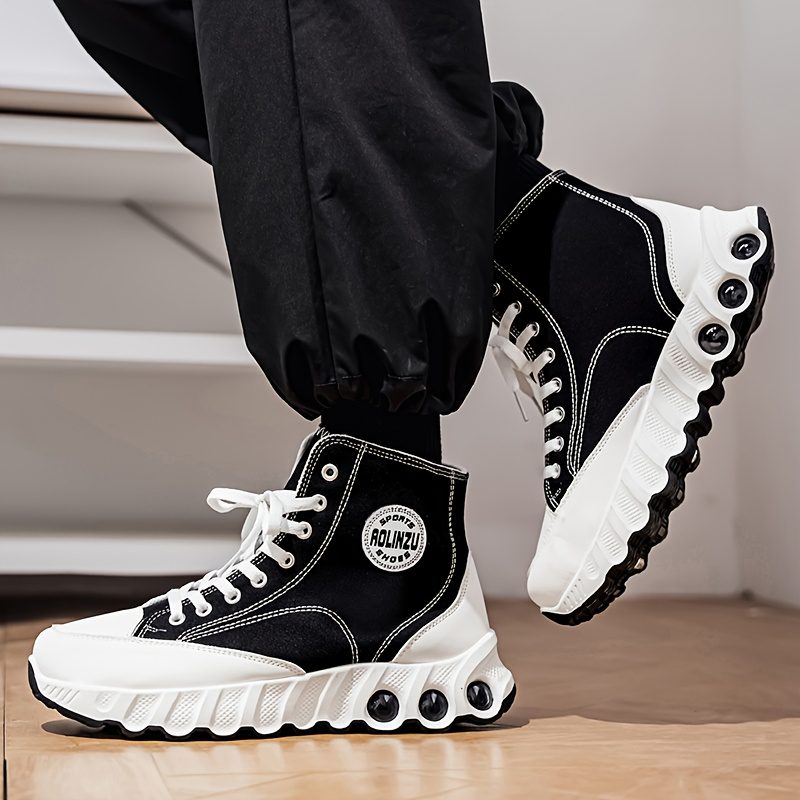 Explosive High Top Shoes for Spring and Summer 2025 | New Height Increasing Thick Soled with Wavy Sole, Classic Black sneakers for Men, Mid Top, Fabric Upper, PVC Sole - Image 3
