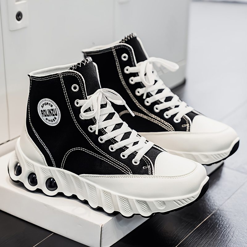 Explosive High Top Shoes for Spring and Summer 2025 | New Height Increasing Thick Soled with Wavy Sole, Classic Black sneakers for Men, Mid Top, Fabric Upper, PVC Sole - Image 10