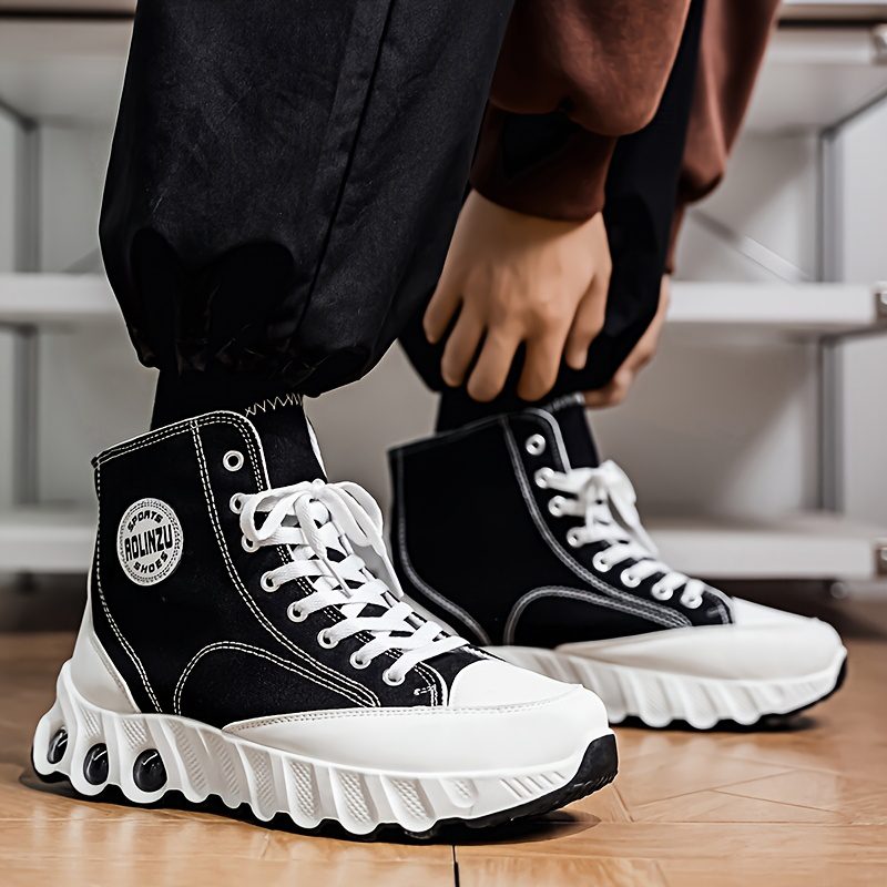 Explosive High Top Shoes for Spring and Summer 2025 | New Height Increasing Thick Soled with Wavy Sole, Classic Black sneakers for Men, Mid Top, Fabric Upper, PVC Sole - Image 2