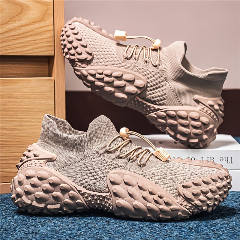 Sand-colored Knitted Mesh Outdoor Shoes with Particle Detailing, Low-Top Thick-Soled Dad Sneakers, Slip-On with Drawstring, Casual Breathable Athletic Running Shoes, Plus Size Men's Shoes