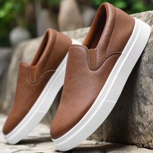 Men's Slip-On Loafers Casual Sneakers - Slip-Resistant PVC Sole, Low-Top Round Toe, Breathable Fabric Lining & Cushioned Insole, All-Season Comfort - -like Upper Brown/White/Black