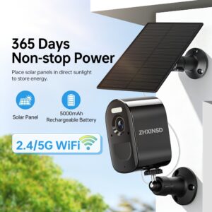Outdoor Solar Security Camera, Wireless Solar CCTV Wifi Camera, Rechargeable Battery Surveillance Camera with 2.4/5Ghz Wifi, PIR Motion Sensor, Spotlight, Full Color Night Vision, Two-Way Talk, Cloud & SD Card Storage, Home Security