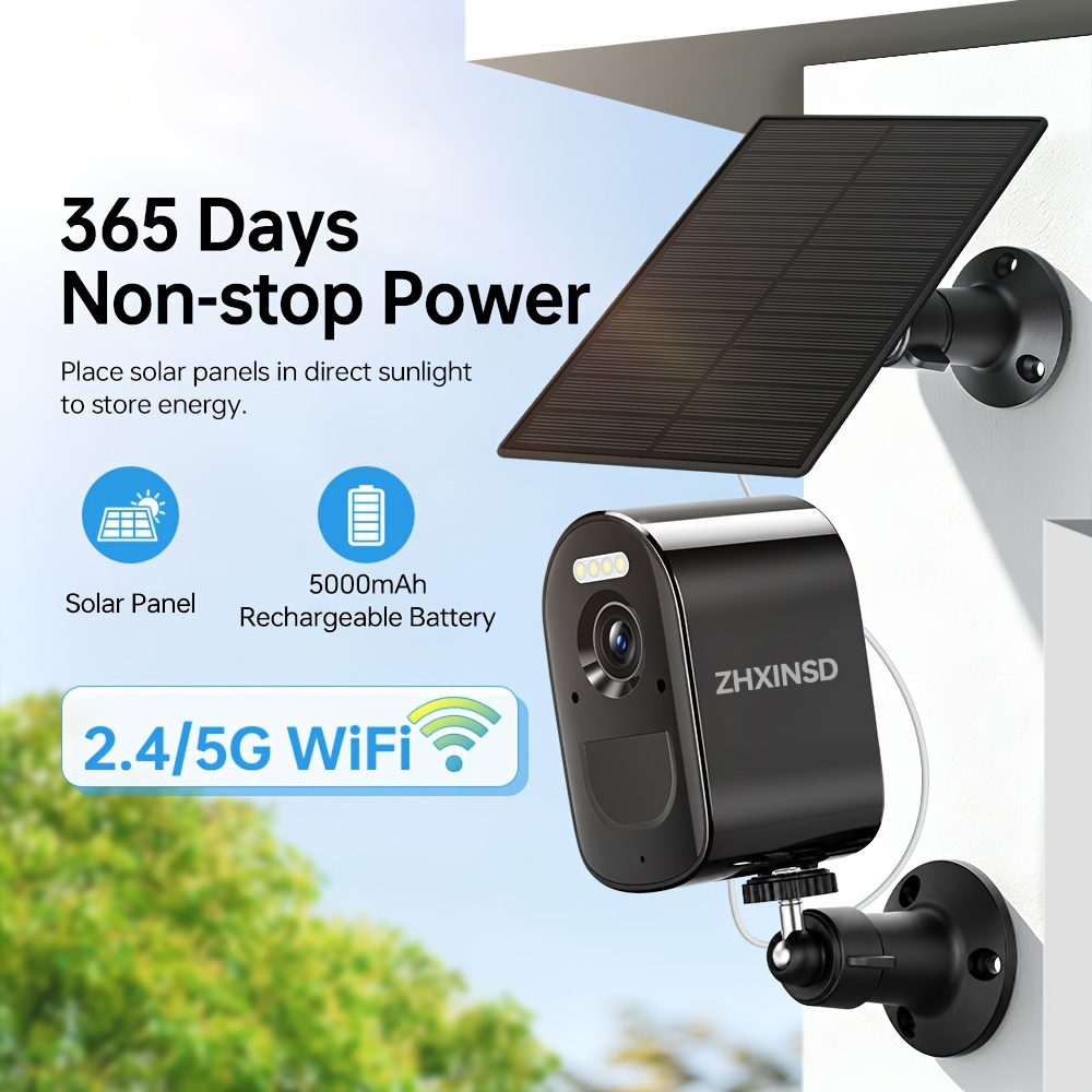 Outdoor Solar Security Camera, Wireless Solar CCTV Wifi Camera, Rechargeable Battery Surveillance Camera with 2.4/5Ghz Wifi, PIR Motion Sensor, Spotlight, Full Color Night Vision, Two-Way Talk, Cloud & SD Card Storage, Home Security