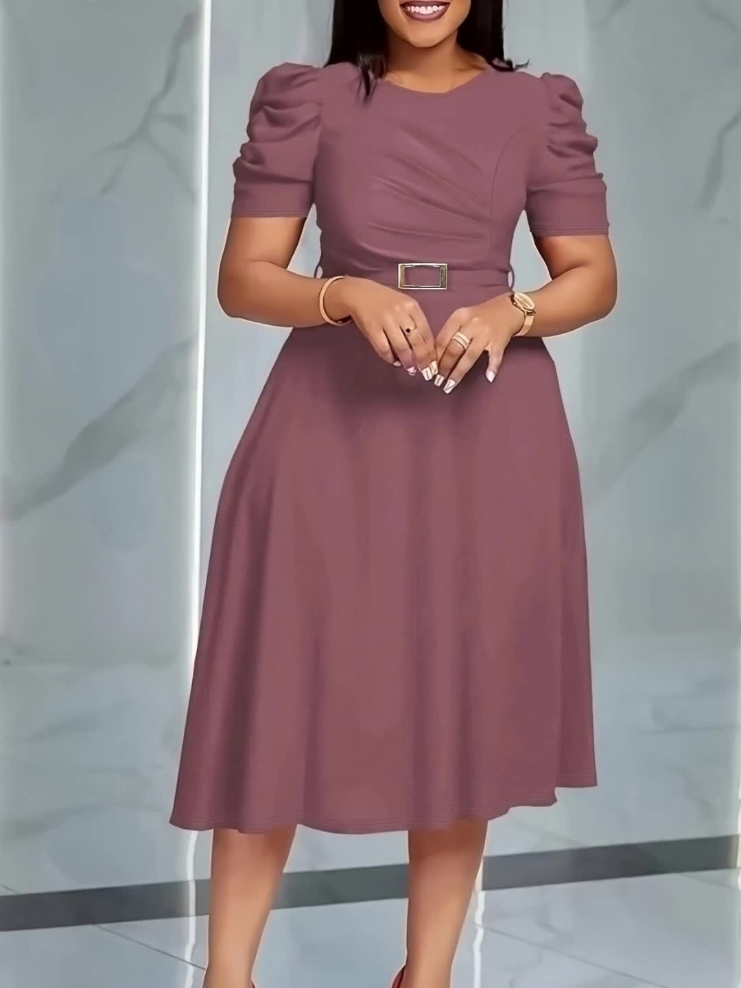 Elegant V-Neck Midi Dress with Ruffle Details | Solid Color Short Sleeve, Waist Belt, Flowing Skirt for Spring/Summer, Comfortable And Stylish Fit And Flare Silhouette - Image 11