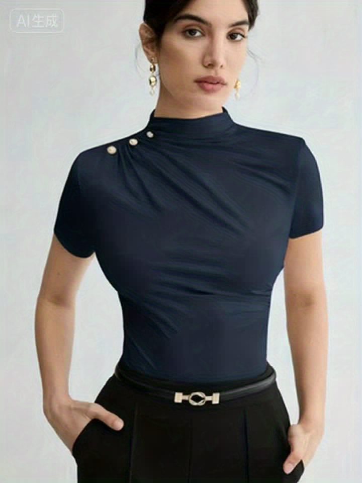 Summer New Arrival Design Sense Versatile Solid Color T-Shirt Short Sleeve Top with Shoulder Button Decor - Image 11