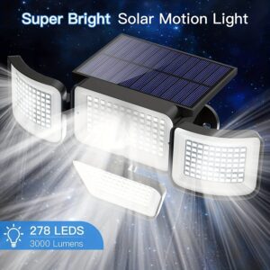 Solar Outdoor Lights with 278 Leds, Motion Sensor Lights Powered by Solar Energy, Featuring a 4-Head Security Floodlight with a 300° Wide-Angle Wall Light, Offering 3 Modes, Suitable for Gardens, Yards, Pathways, And Garage Street Lighting