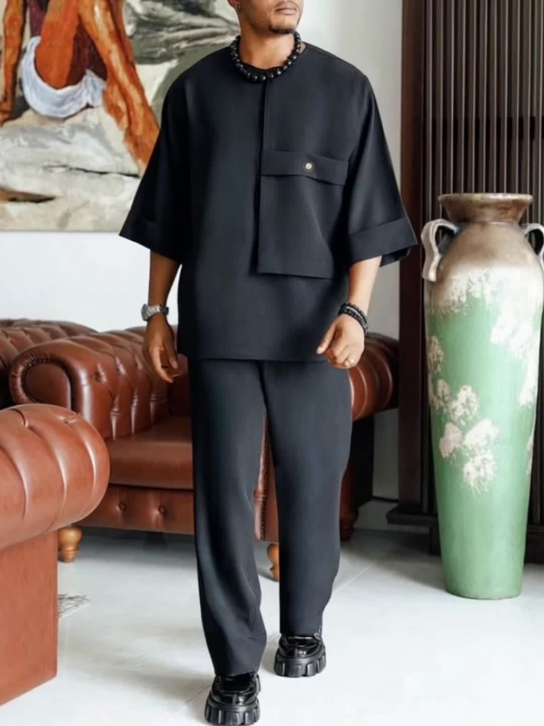 African Traditional Dashiki Set for Men, Solid Color with Pocket Design, Fashionable Short Sleeve + Pants, Essential for Summer Outings and Photoshoots, Wedding/Birthday/Party Celebration Outfit, Trendy Set, Ideal Gift for Family or Friends - Image 11