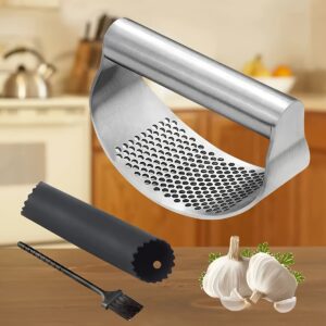 3/1 Stainless Steel Manual Garlic Crusher - Heavy Duty 304 Stainless Steel Garlic Crusher with Ergonomic Handle, Washable Design and Blades for Chopping, Grinding, Slicing - Easy to Clean Kitchen Gadget for Home and (No Electricity Required)