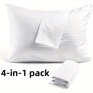 Luxury Hotel Quality - Set of Four - Premium White Zip-off Striped Pillowcase - Comfortable Soft Satin - Pillow Protector