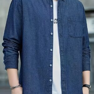 Men'S Casual And Comfortable Stylish Solid Color Long-Sleeve Denim Shirt with a Vintage High-End Feel for Spring And Autumn