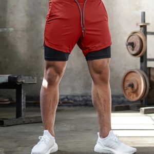 Men'S Morning Running, Gym Training, Sports, Multi Pocket Fake Two Piece Stretch Shorts with Drawstring, Casual Beach Pants Suitable for Spring, Summer, And Autumn Seasons