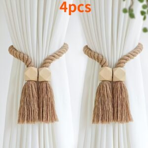4pcs Ya Mei Magnetic Curtain Ties. Easy Wooden Tassel Curtain Hooks. Suitable for Curtain Fixation in Bedrooms, Living Rooms And Kitchens. Home Decor