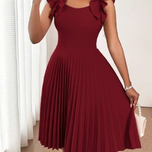 Elegant Wine Red Ruffle Dress | V-neck, Solid Color, Pleated Detail, Perfect for Back to, Formal or Semi-Formal Occasions, Festive Gatherings, and Daily Commute