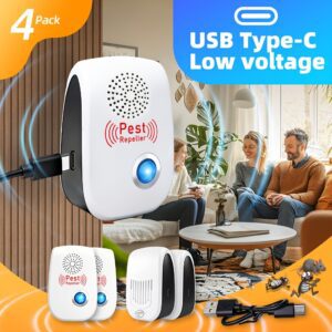 Soundwave Technology Pest Repeller, 4-Pack 2026 New Model, USB Plug-in Low Voltage with 4 USB Type-C Cables, 5V Low Voltage Electronic Insect Repellent and Mosquito Protection Indoor Pest Control Repeller, Suitable for Mosquitoes