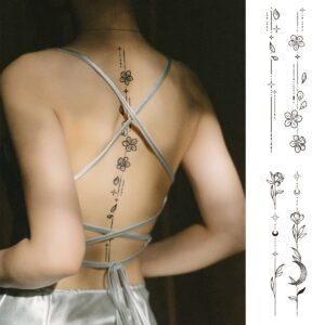 2pcs Sexy Waterproof Body Art Temporary Tattoos for Women. Black Moon, Flower, And Leaf Patterns Spine Tattoos, Can Be Used On The Arms, Shoulders, Back, And Legs. Perfect for Holiday, Parties, Weddings, Vacations. Gifts.Body Decorations.