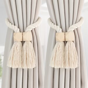 Vintage-Inspired Polyester Curtain Ties with Wooden Magnetic Clasps and Fringed Details - Stylish Beige and Cream, Perfect for Scandinavian-Themed Decor, Curtain Accessories | Vintage Curtain Ties | Fringed Curtain Ties