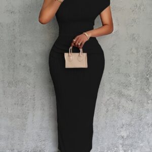 Elegant Off-Shoulder Ribbed Midi Dress for Women - Sexy Off-Shoulder, Solid Color, Short Sleeve with Straight Silhouette, No Chest Pad, for All Seasons