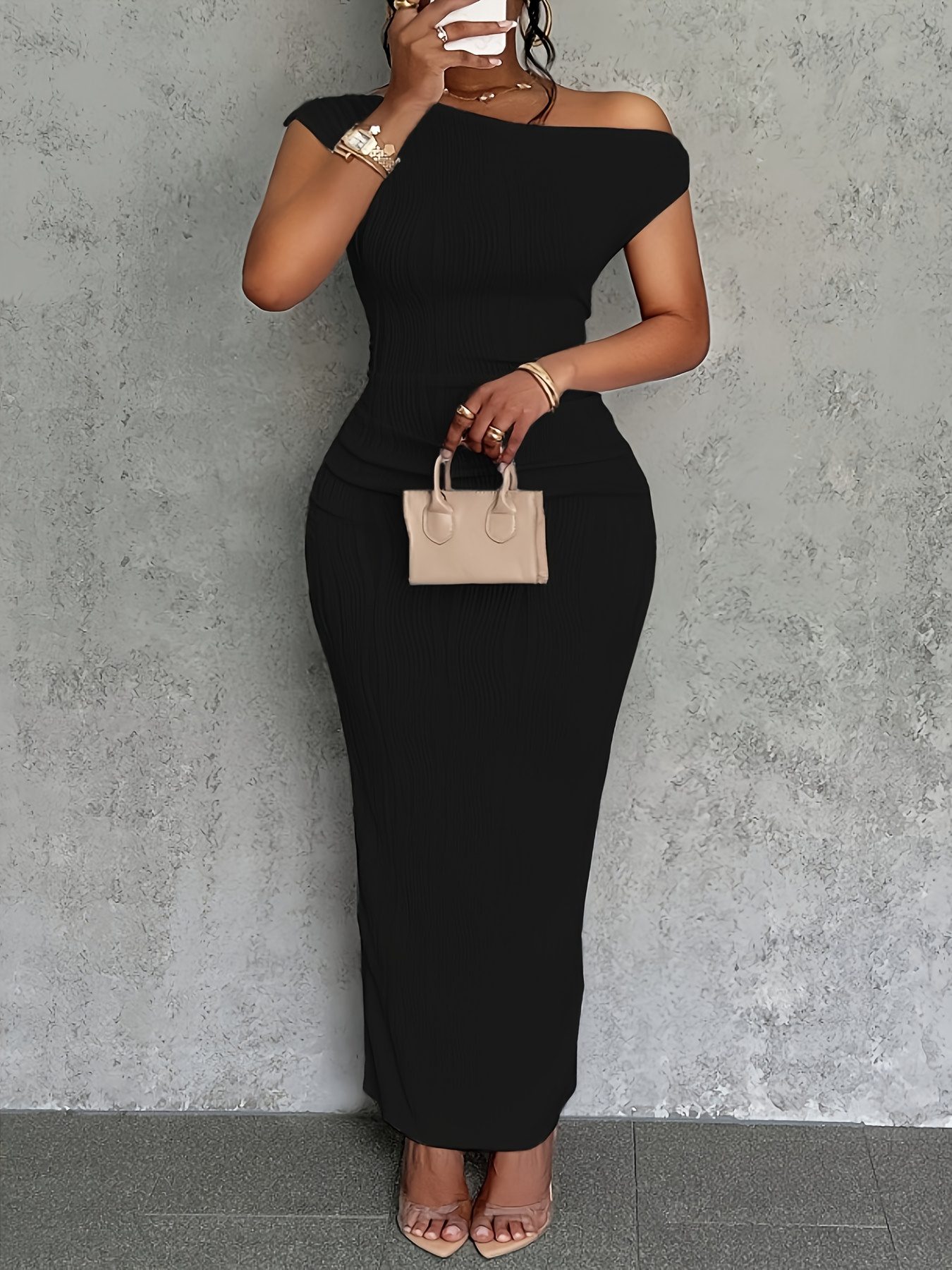 Elegant Off-Shoulder Ribbed Midi Dress for Women - Sexy Off-Shoulder, Solid Color, Short Sleeve with Straight Silhouette, No Chest Pad, for All Seasons