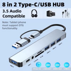 8-in-1 Hub, USB & Type-C Port, Multi-Functional Docking Station with USB 3.0 + USB-C + SD/TF + 3.5mm Audio, Supports Smooth Multi-Port Collaboration, Suitable for Video and Audio Output from Phones, Tablets, Computers, Etc