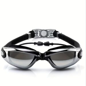 Professional Racing Swim Goggles, Anti-Fog, Waterproof, PC Polycarbonate Material, Integrated Ear Plugs, Adult Use, White Frame, for Competitive Swimming