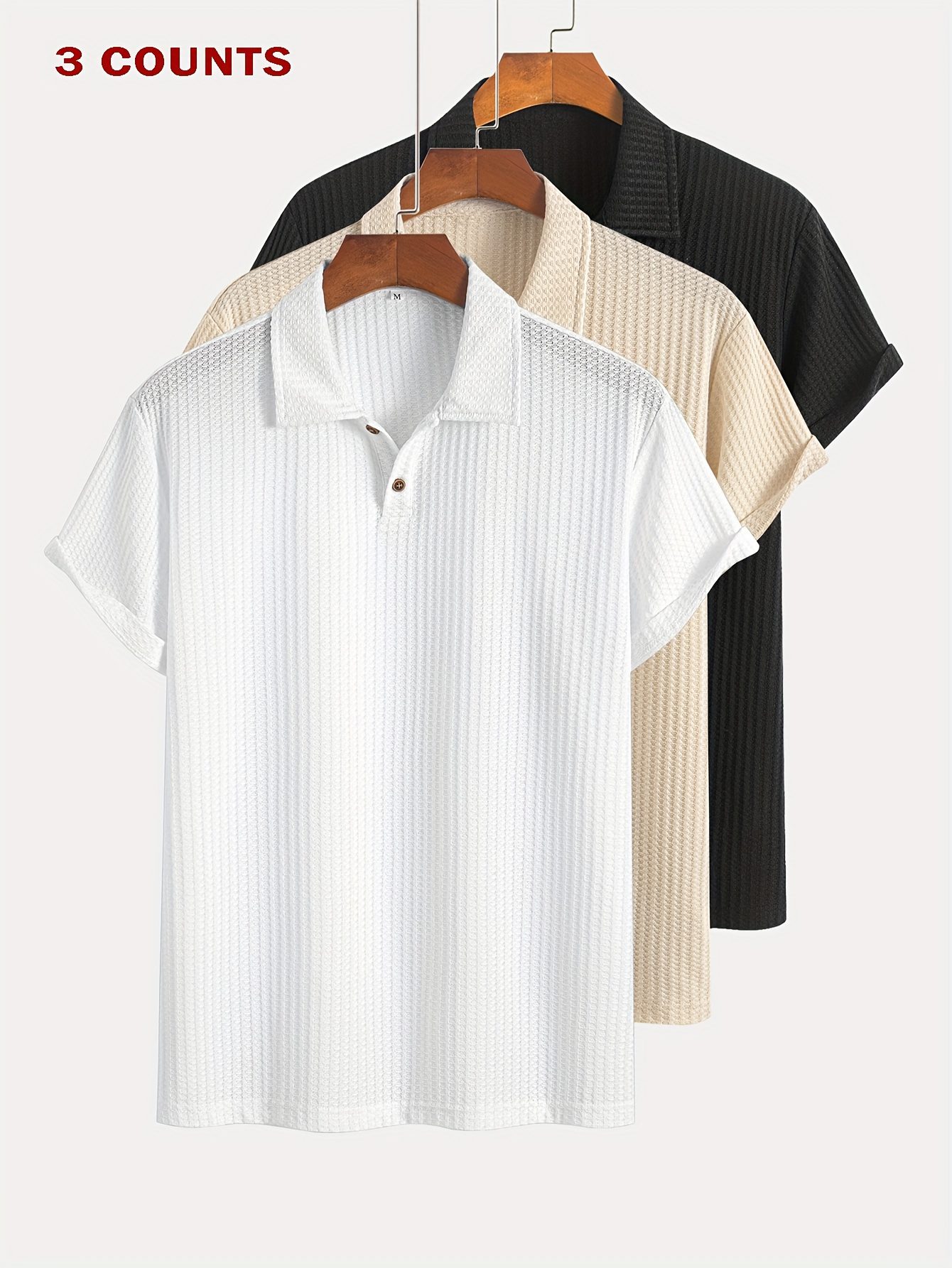 3pcs Set of Summer Casual Sporty Jacquard Knit Short-Sleeve Shirts, 3pcs Jacquard Texture Short-Sleeve Tops - Image 6