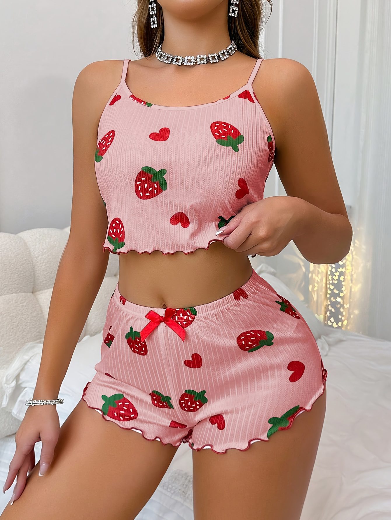 Women'S Strawberry Print Cami Top & Shorts Pajama Set - Cute Summer Sleepwear with Bow Detail, White with Red & Green Strawberries, Sleeveless Spaghetti Strap Design, Perfect for Casual Lounging, Lounging Outfit|Playful Print Top|Playful Print Bottom, Loungewear - Image 6