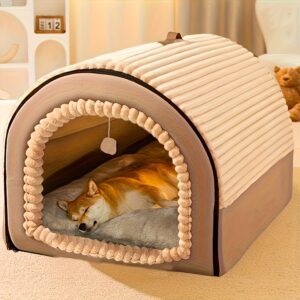 All-Season Warm & Cozy & Dog House with Plush Removable Bed - Spacious Cottage-Style Pet Tent for Large Breeds, Indoor/Outdoor Use, Winter-Ready Kennel for Golden Retrievers, Shih Tzus, Pomeranians - Easy-Clean Durable Pet Shelter