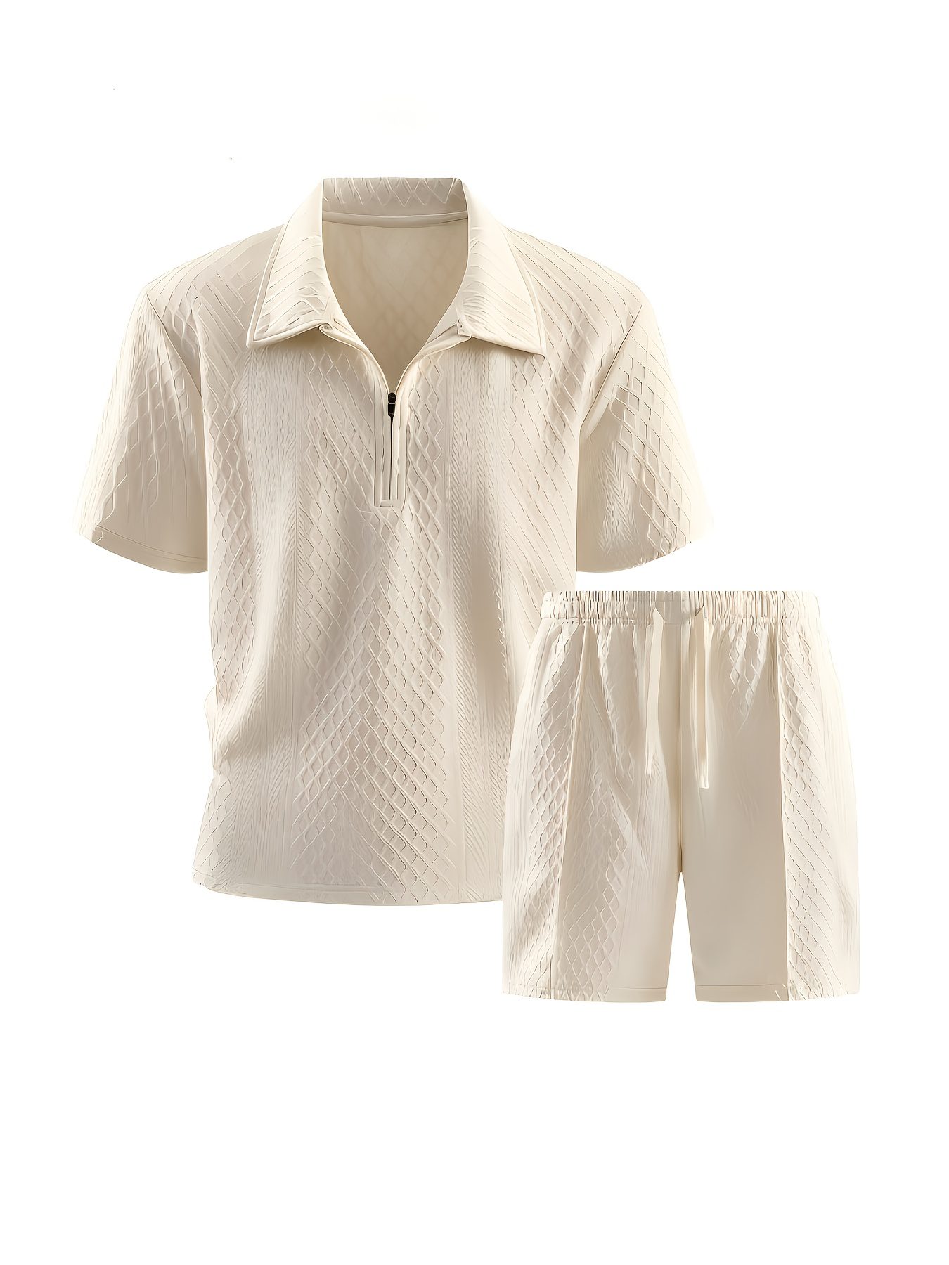 Men's Summer Short Sleeve 2pcs Set with Lapel Zipper Collar and Casual Shorts with Elastic Drawstring Mid-Waist Pants - Image 3