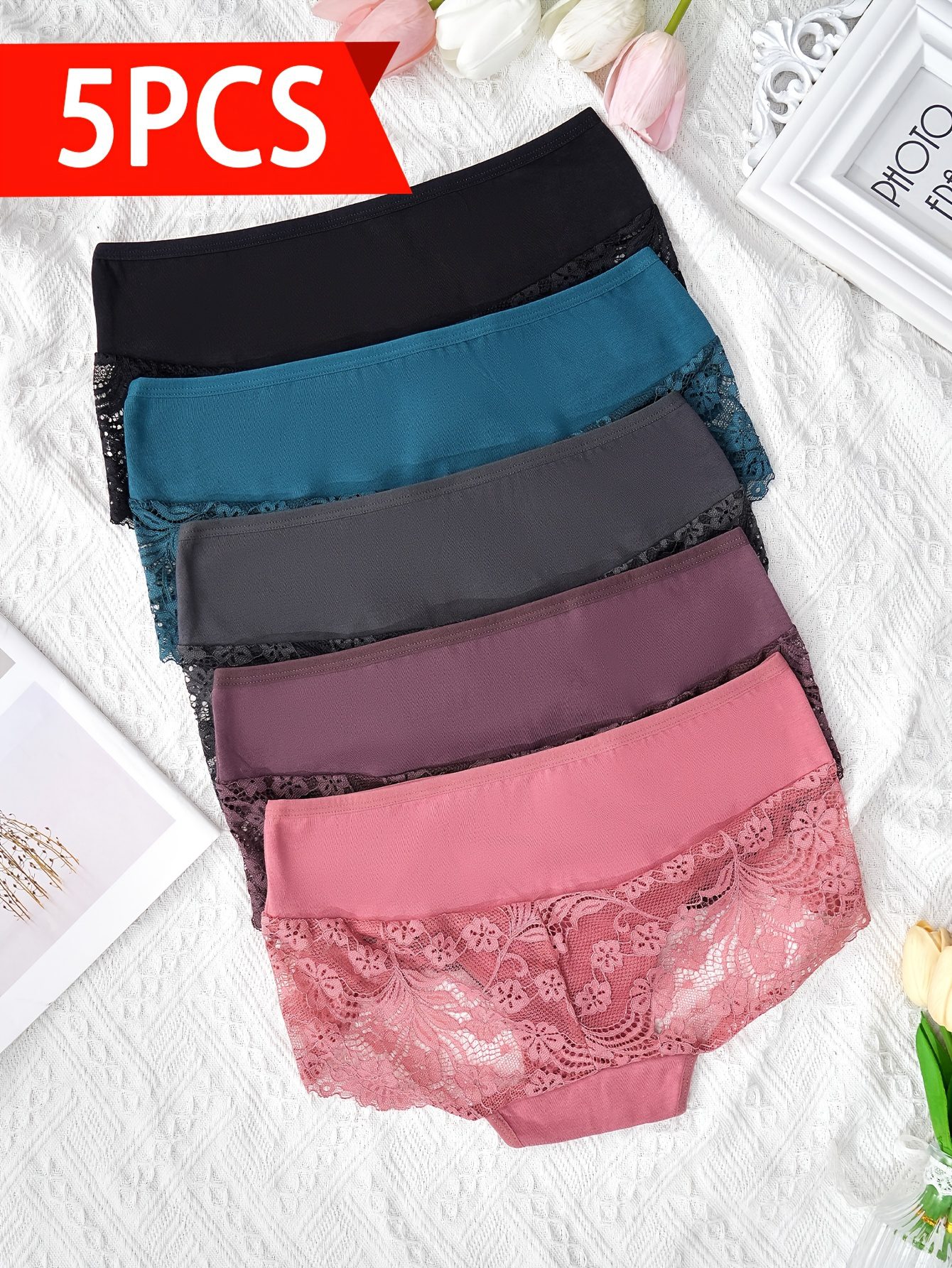 5pcs Women'S Elegant Lace Underwear - Semi-Sheer Breathable Mid-Rise Briefs with Contrast Lace Trim, High Elasticity Light Beige-Friendly Comfort, Assorted Colors (Navy, Pink, Black, Purple, White) for Casual Attire, Lace Panties, Comfortable Underwear, Semitransparent Design, Highelasticity Fabric, Daily Essentials, Stylish Panties, Soft Material, Seamless Panties, Stylish Women - Image 6