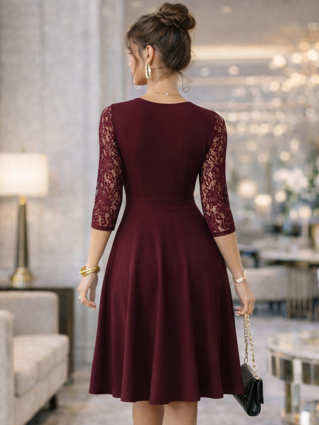 A-Line Dress with V Neck And Lace Sleeves for Women, Perfect for Weddings And Cocktail Parties - Image 8