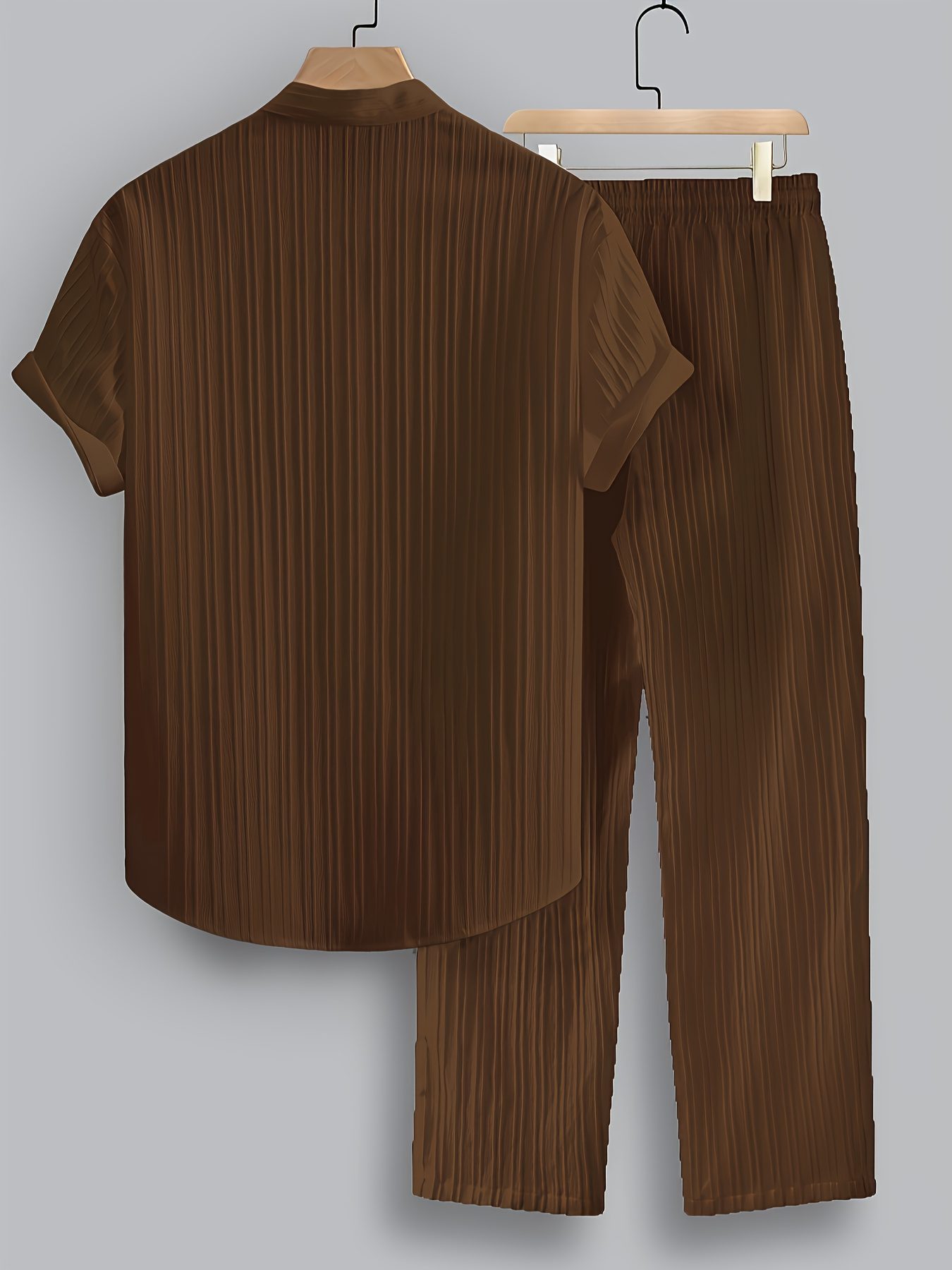 2pcs Men'S Summer Casual Striped Fiber Set, Short Sleeve Stand-Up Collar Shirt And Drawstring Pants, Non-Stretch Woven Fabric, Regular Fit for Daily Wear And Beach Vacation, Solid Color, Beach Vacation - Image 10