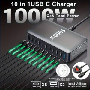 Latest 1000W USB C charger, single port up to 140W 10 port USB charger, laptop fast charger, PD power supply compatible with MacBook Pro/Or Air/Cell/Or iPhone/Or Galaxy/Or Portable/Tableta/Mobile