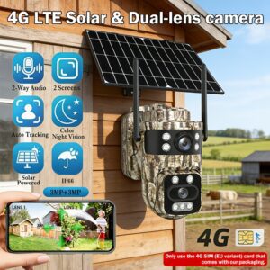 360-Degree Low-Power Solar Security Camera, 4G LTE Surveillance Camera - No WIFI Needed, Comes with a 4G SIM Card, 3MP QHD Dual-Lens View, Automatic Tracking And Message Push Features, Remote Monitoring Via Mobile Phone, Color Night Vision