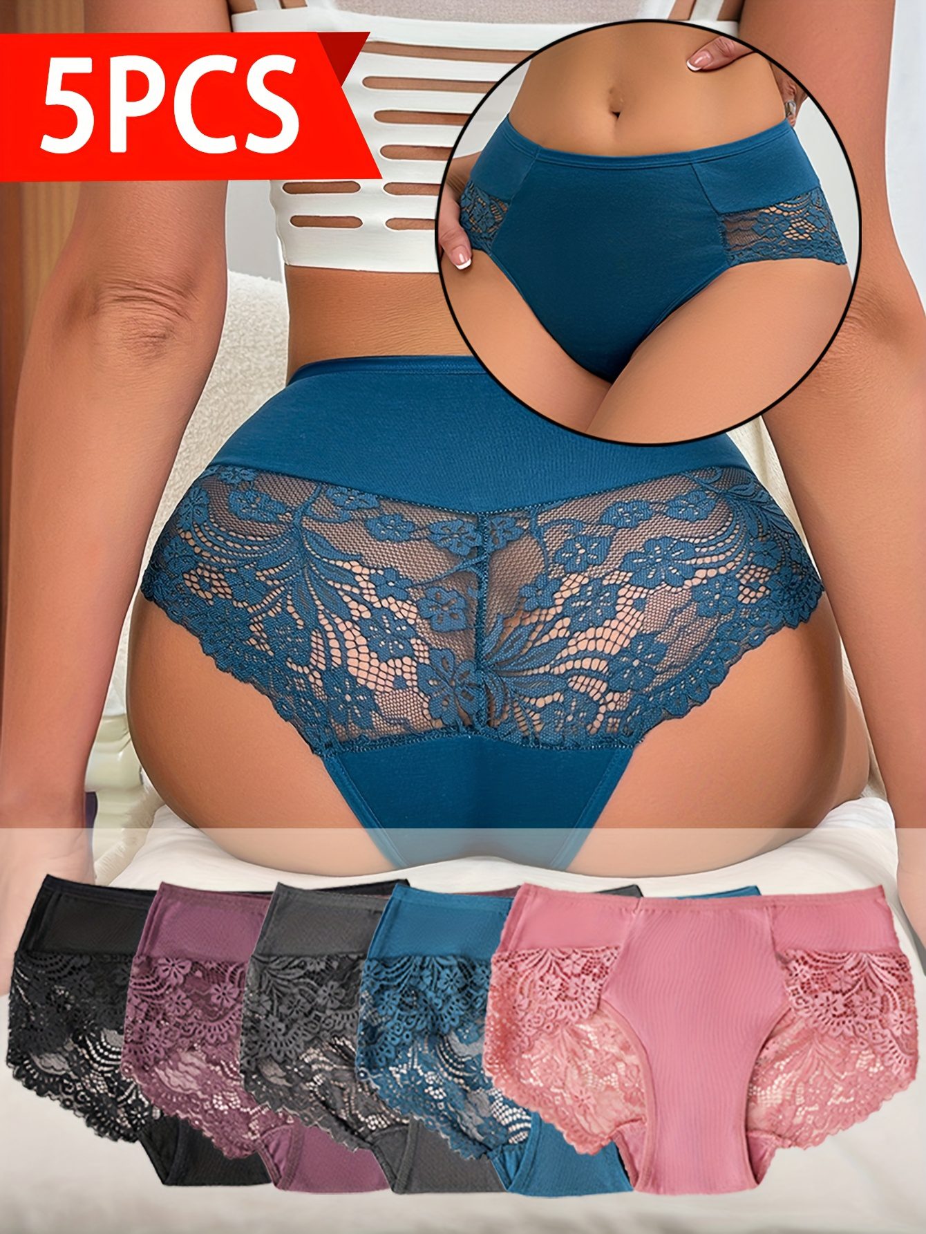 5pcs Women'S Elegant Lace Underwear - Semi-Sheer Breathable Mid-Rise Briefs with Contrast Lace Trim, High Elasticity Light Beige-Friendly Comfort, Assorted Colors (Navy, Pink, Black, Purple, White) for Casual Attire, Lace Panties, Comfortable Underwear, Semitransparent Design, Highelasticity Fabric, Daily Essentials, Stylish Panties, Soft Material, Seamless Panties, Stylish Women - Image 3