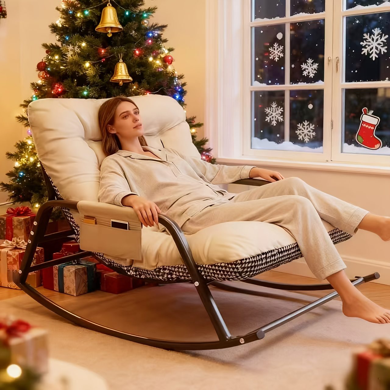 Stylish Rocking Chair for Living Room and Bedroom, Indoor Two-Seater Sofa Recliner with Cushion, Multi-Functional Zero Gravity Recliner for Bedroom, Study, Reading Nook, Bay Window Area, Rocking Chair with Soft Padded Cushion for Plush Comfort + - Image 6