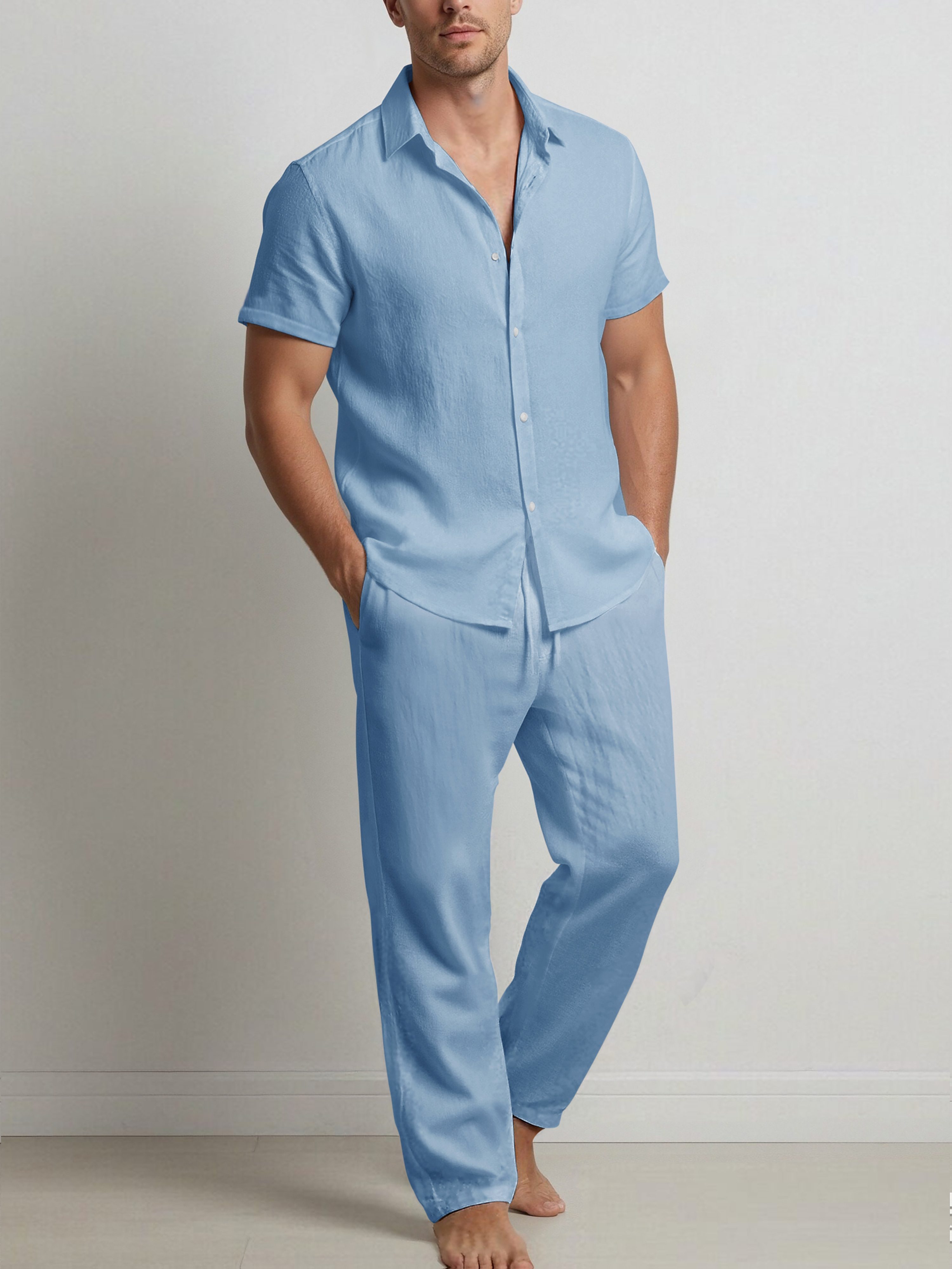 Men's Fashionable Solid Color Cotton- Shirt and Trousers Set, Casual Breathable 2pcs Outfit for Men - Image 5