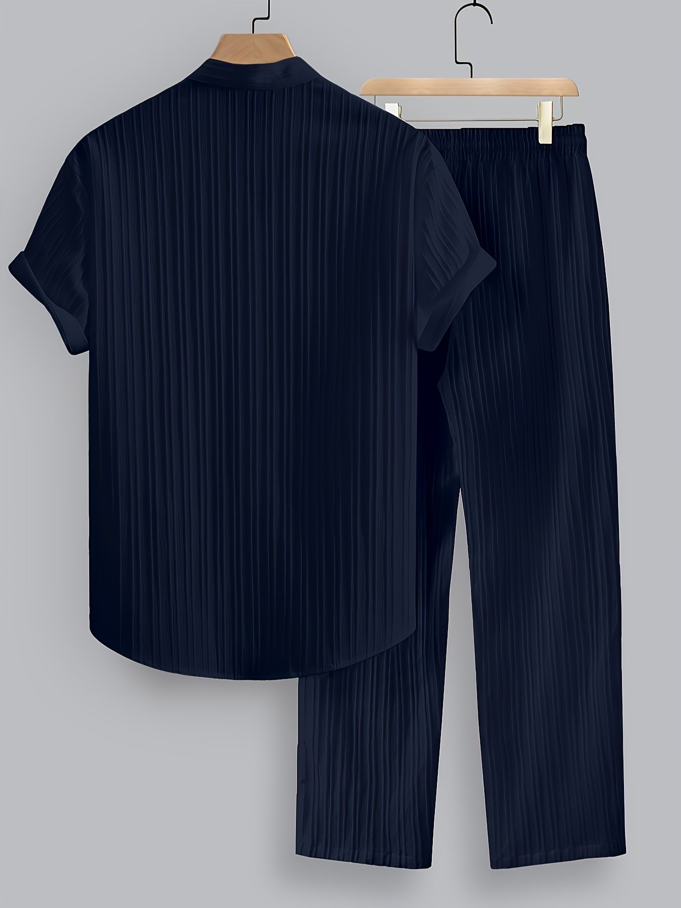 2pcs Men'S Summer Casual Striped Fiber Set, Short Sleeve Stand-Up Collar Shirt And Drawstring Pants, Non-Stretch Woven Fabric, Regular Fit for Daily Wear And Beach Vacation, Solid Color, Beach Vacation - Image 7