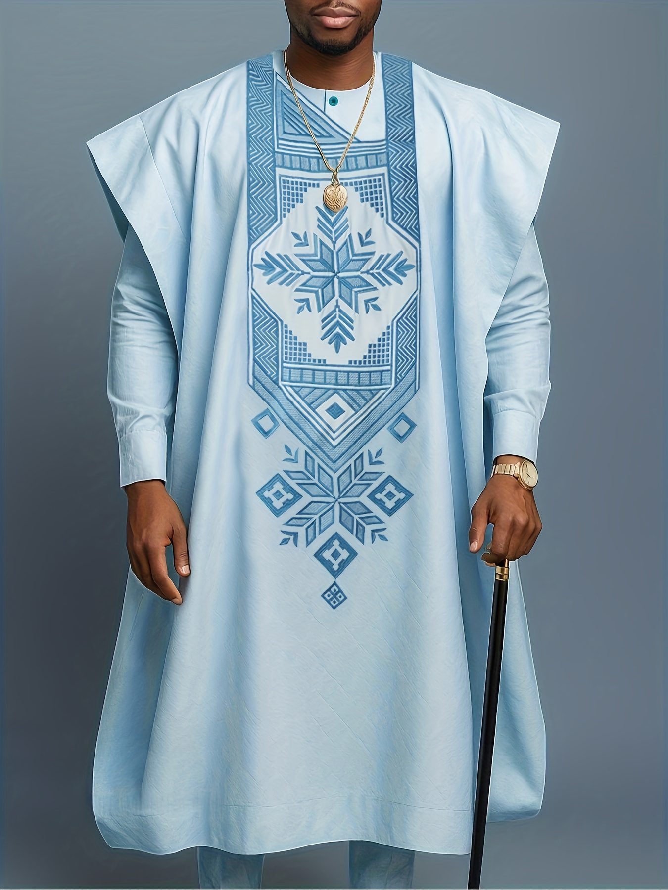 Men'S Three-Piece Agbada Set Featuring Embroidery, Pockets, And a Loose, Flowing Silhouette; Includes a Robe, Shirt, And Drawstring Elastic Waist Long Pants, Suitable for Everyday Events Like Cocktails, Weddings, Parties, Banquets, Birthdays