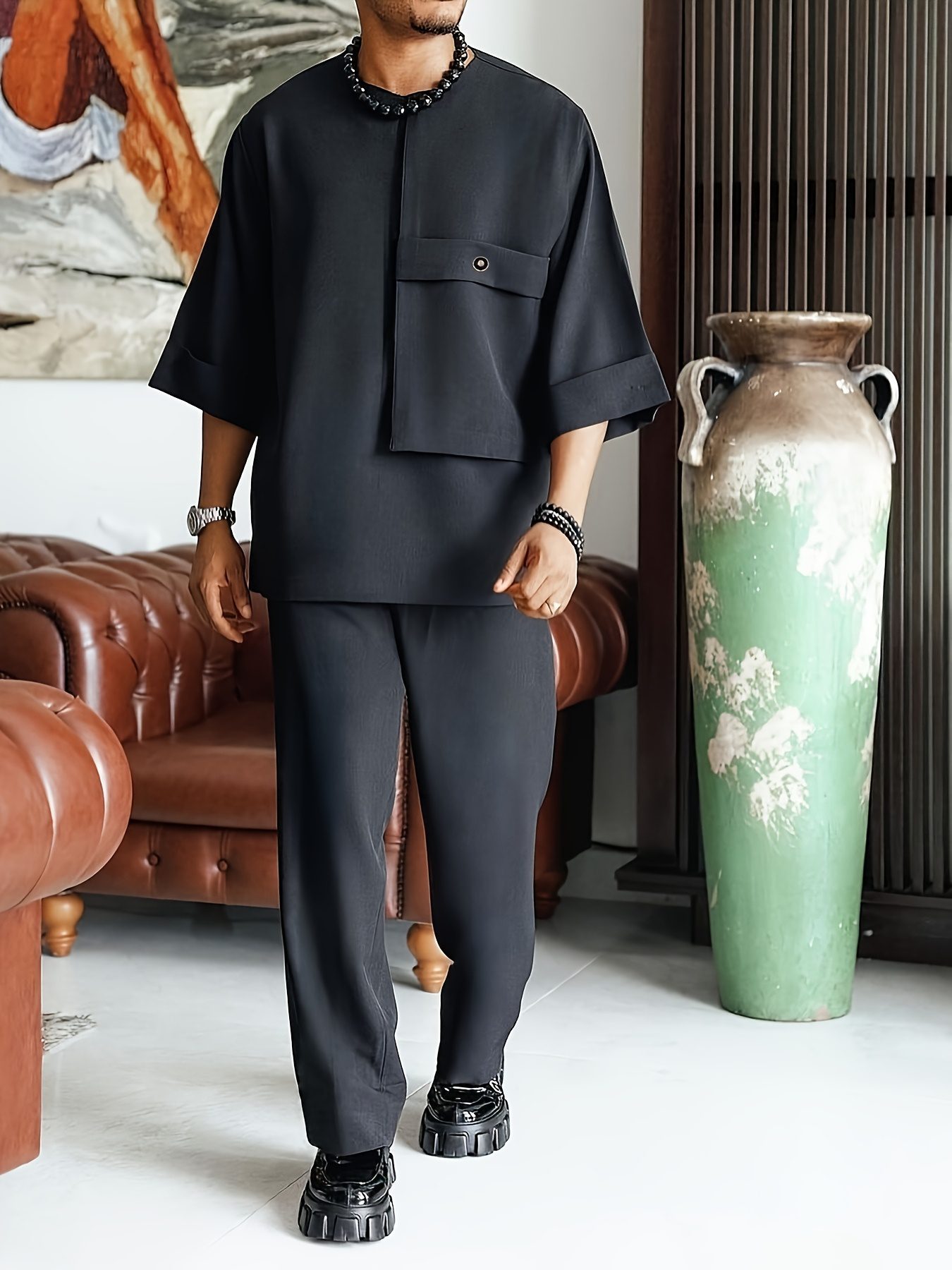 African Traditional Dashiki Set for Men, Solid Color with Pocket Design, Fashionable Short Sleeve + Pants, Essential for Summer Outings and Photoshoots, Wedding/Birthday/Party Celebration Outfit, Trendy Set, Ideal Gift for Family or Friends - Image 2