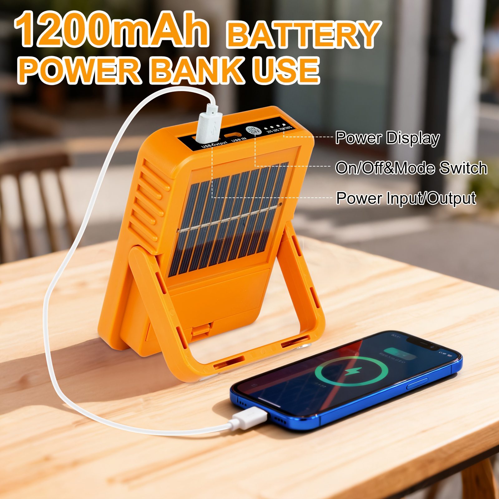 Portable Charger & Flashlight with USB Fast Charging, 1200mAh Solar Camping Light, 5 Lighting Modes, Emergency Power Bank Suitable for Outdoor, Hiking, Power Outages, Compatible with Smartphones & Tablets - Image 7