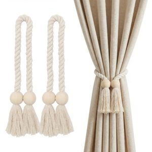 2pcs of Bohemian Style Magnetic Curtain Laces with Wooden Beads-including Hand-woven Ropes, Geometric and Round Beads, Suitable for Elegant Living Room and Bedroom Decoration, and the Magnetic Curtain Frame Is Decorated with Natural Materials.